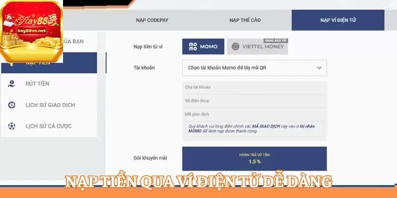 Nạp tiền qua ví điện tử dễ dàng